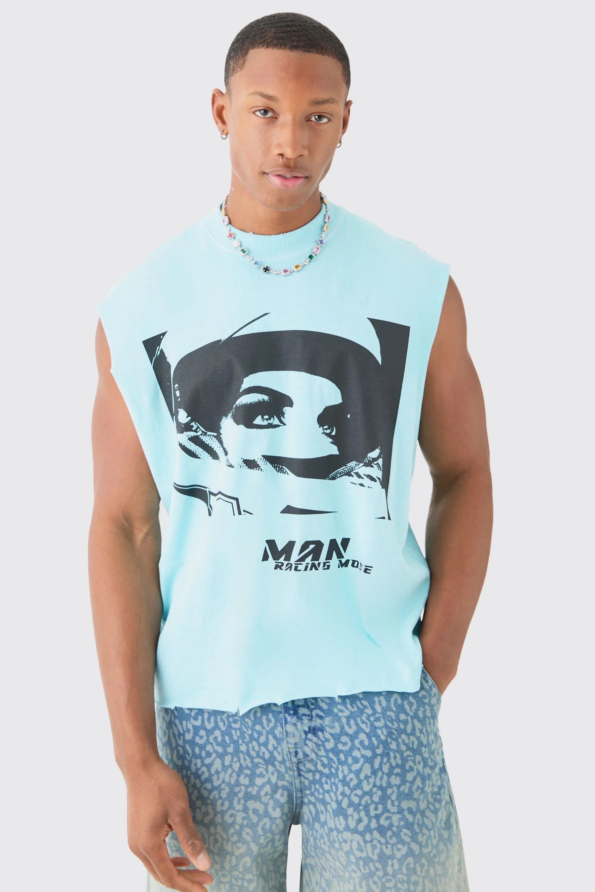 Oversized Extended Neck Drop Shoulder Racer Graphic Tank | boohooMAN UK