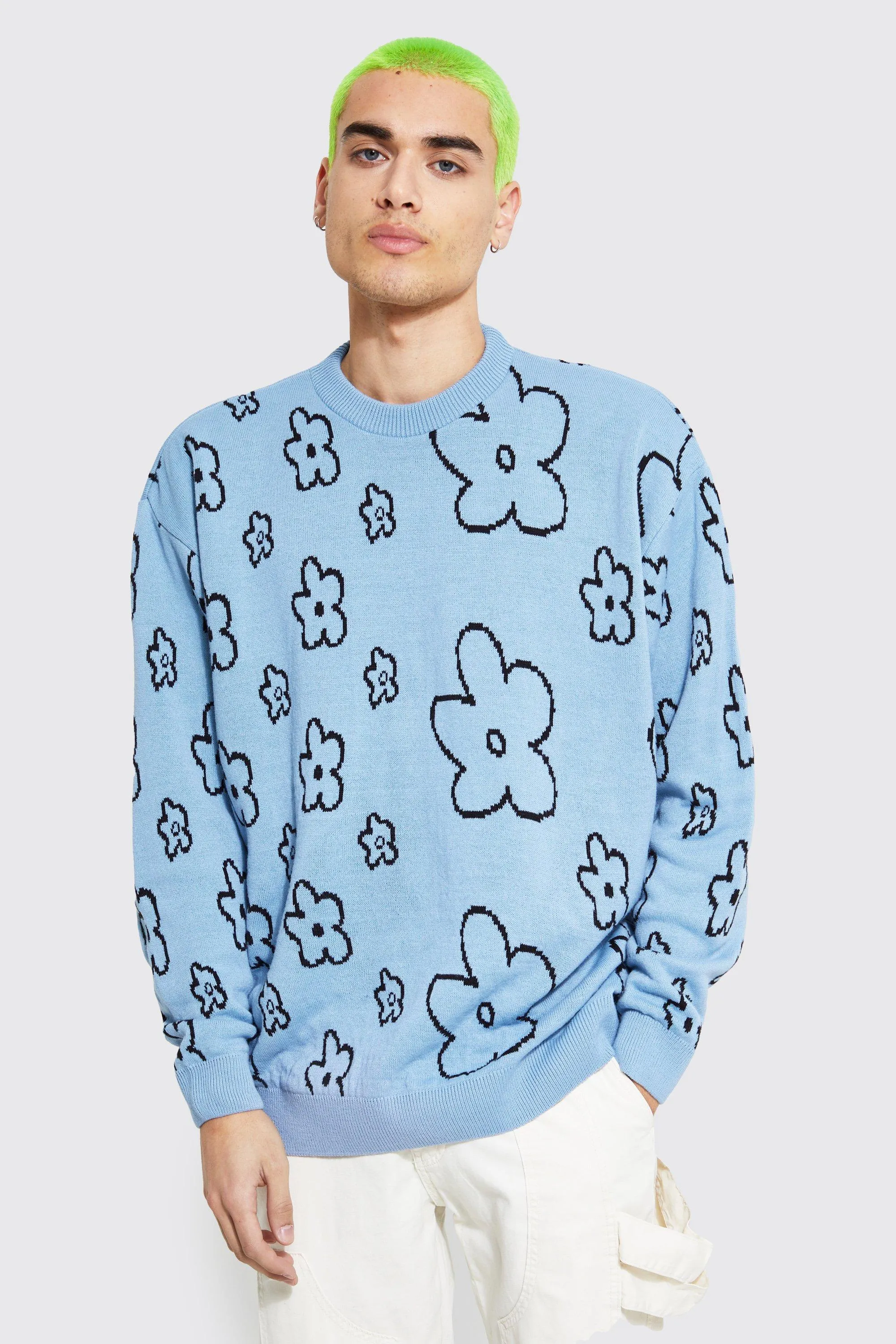 Oversized Knitted Floral Drop Shoulder Jumper | boohooMAN UK