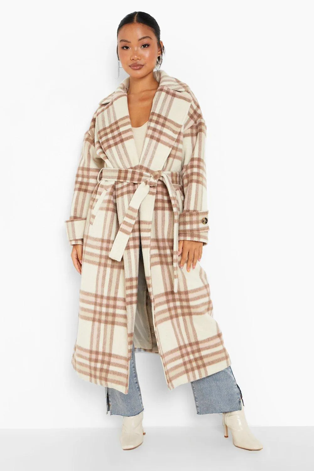 Petite Flannel Belted Wool Look Coat