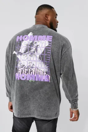 Plus Acid Wash Oversized Dove Long Sleeve Tee | boohooMAN UK