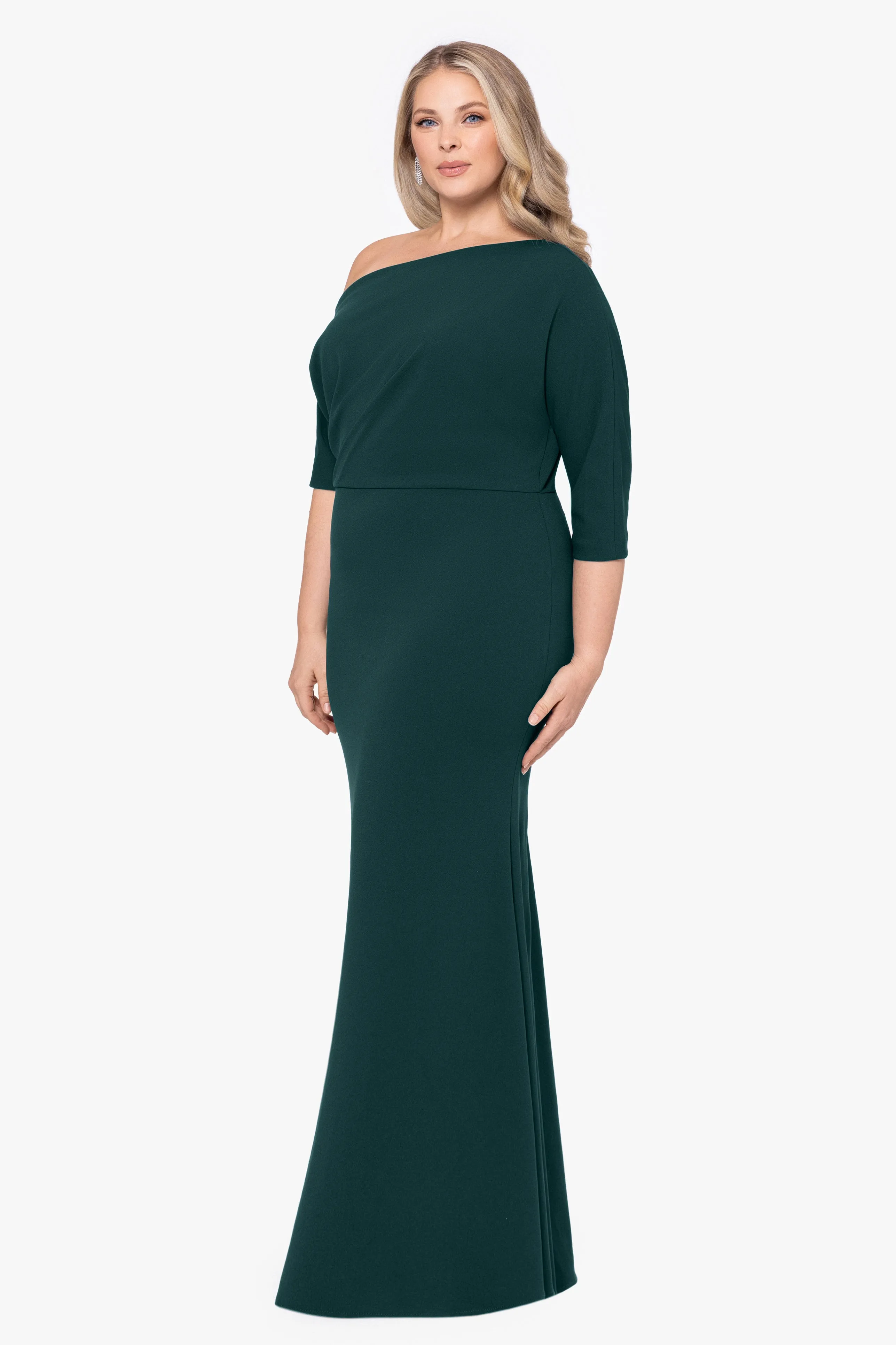 Plus Madeline Long Scuba Crepe Off the Shoulder Drop Dress