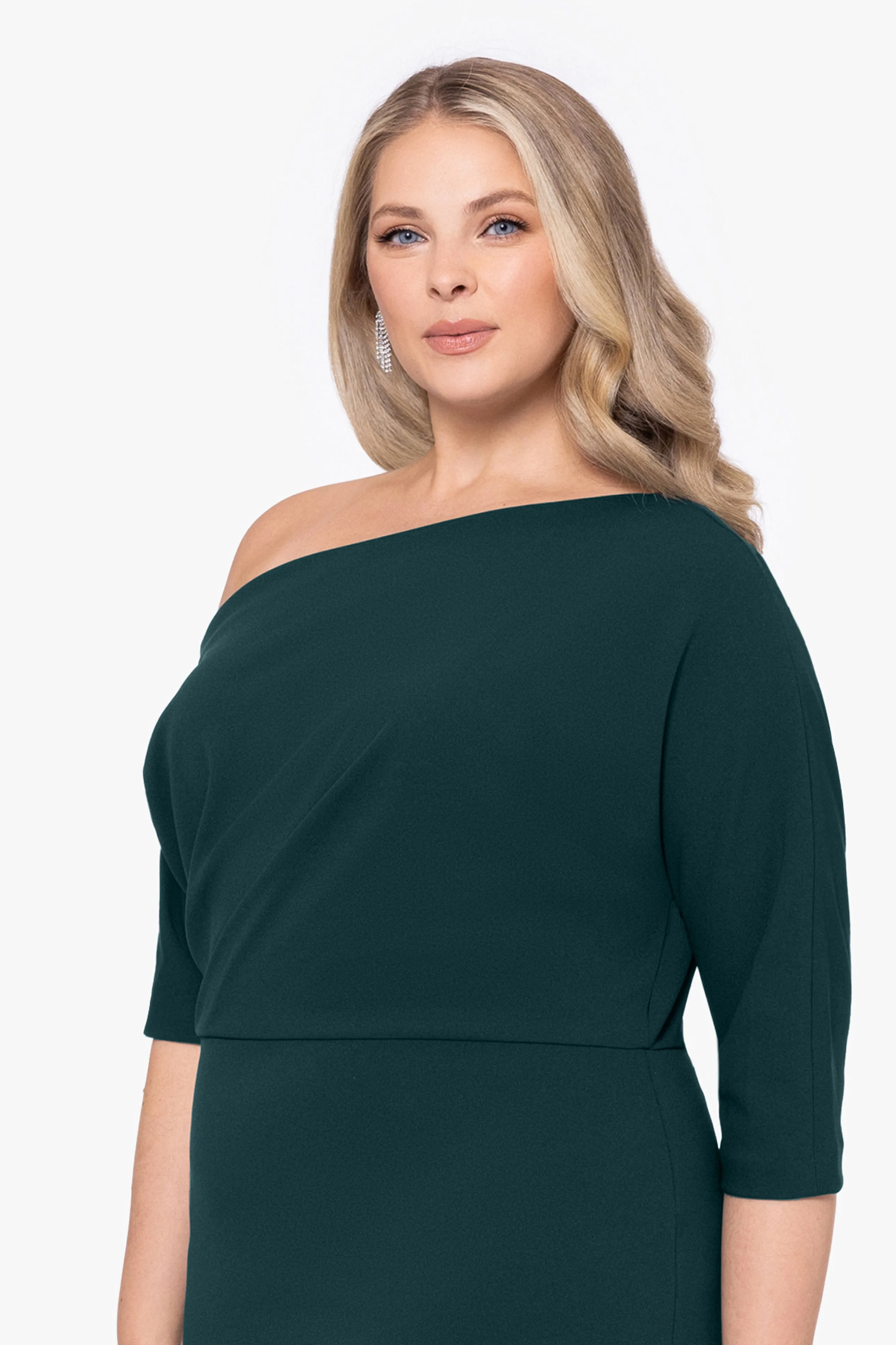 Plus Madeline Long Scuba Crepe Off the Shoulder Drop Dress