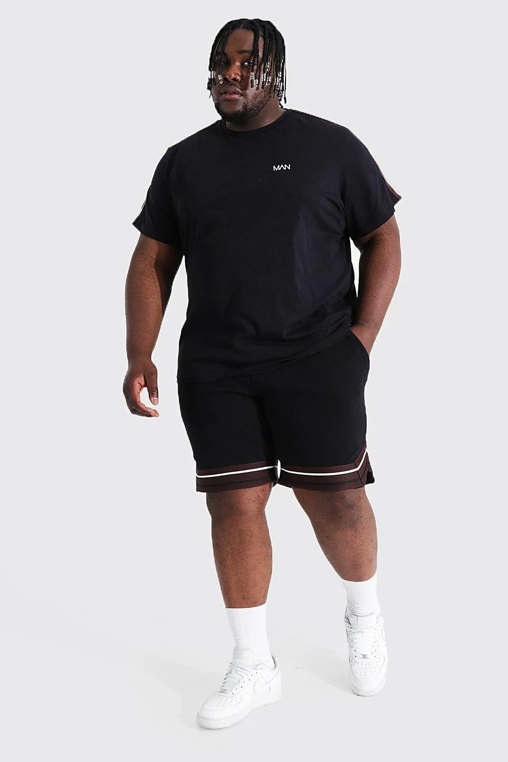 Plus Man Tape Tee And Basketball Short Set | boohooMAN UK