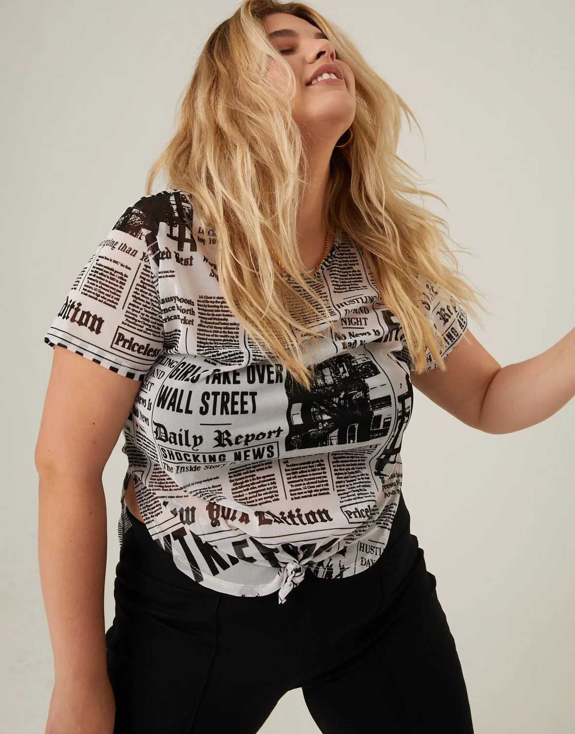 Plus Size Newspaper Mesh Tee