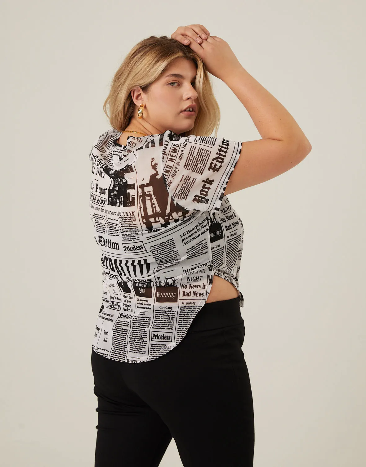 Plus Size Newspaper Mesh Tee