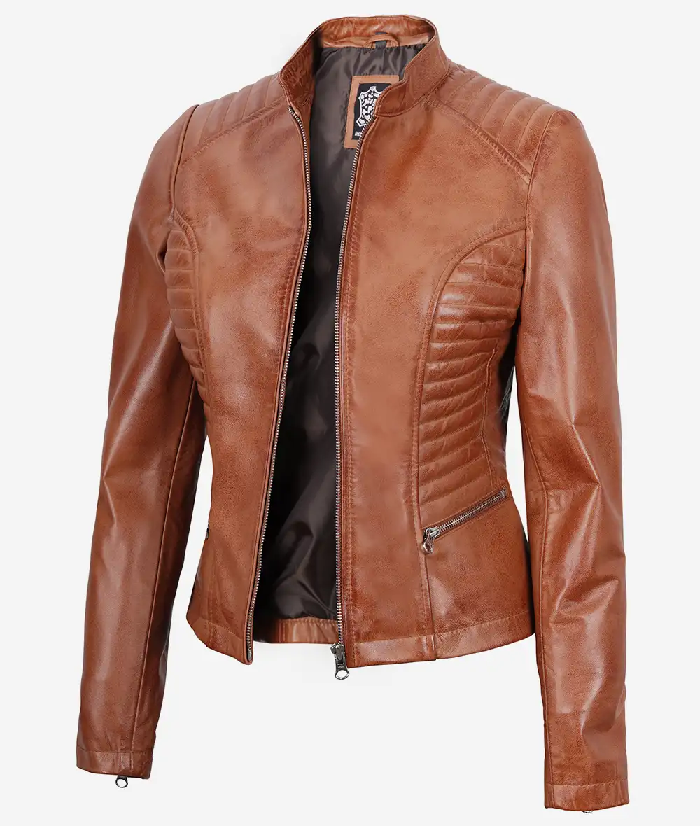 Rachel Womens Tall Tan Leather Biker Jacket - Slim Fit Style