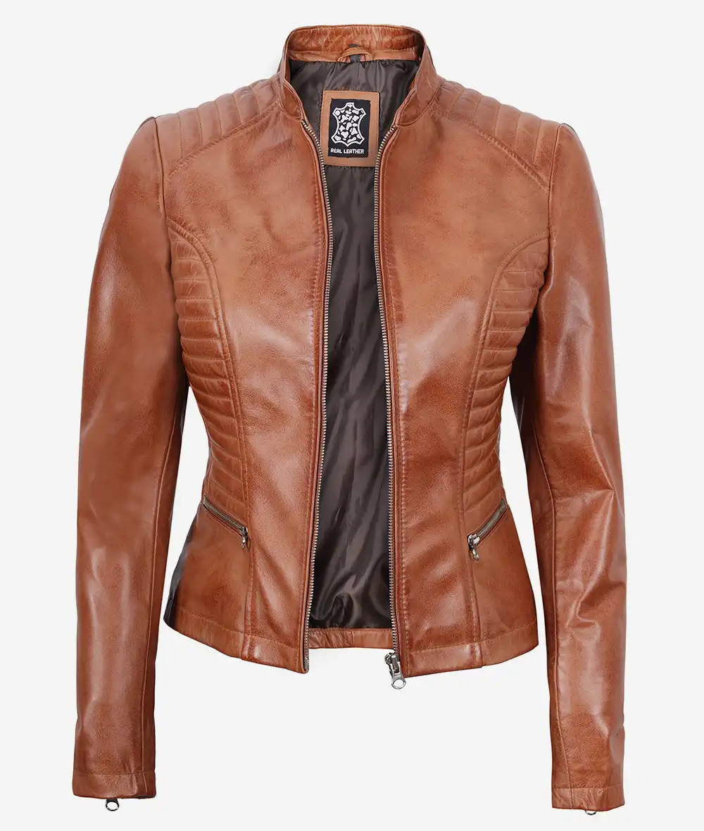 Rachel Womens Tall Tan Leather Biker Jacket - Slim Fit Style