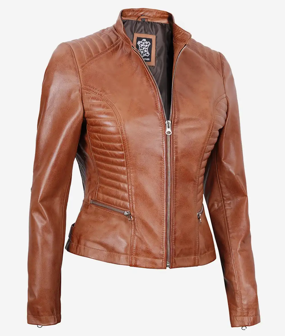 Rachel Womens Tall Tan Leather Biker Jacket - Slim Fit Style