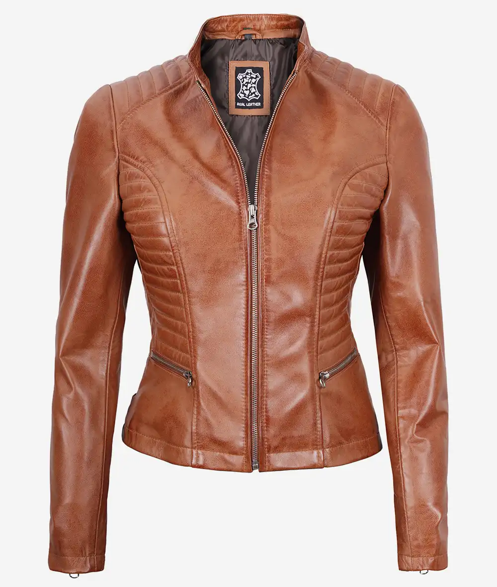 Rachel Womens Tall Tan Leather Biker Jacket - Slim Fit Style