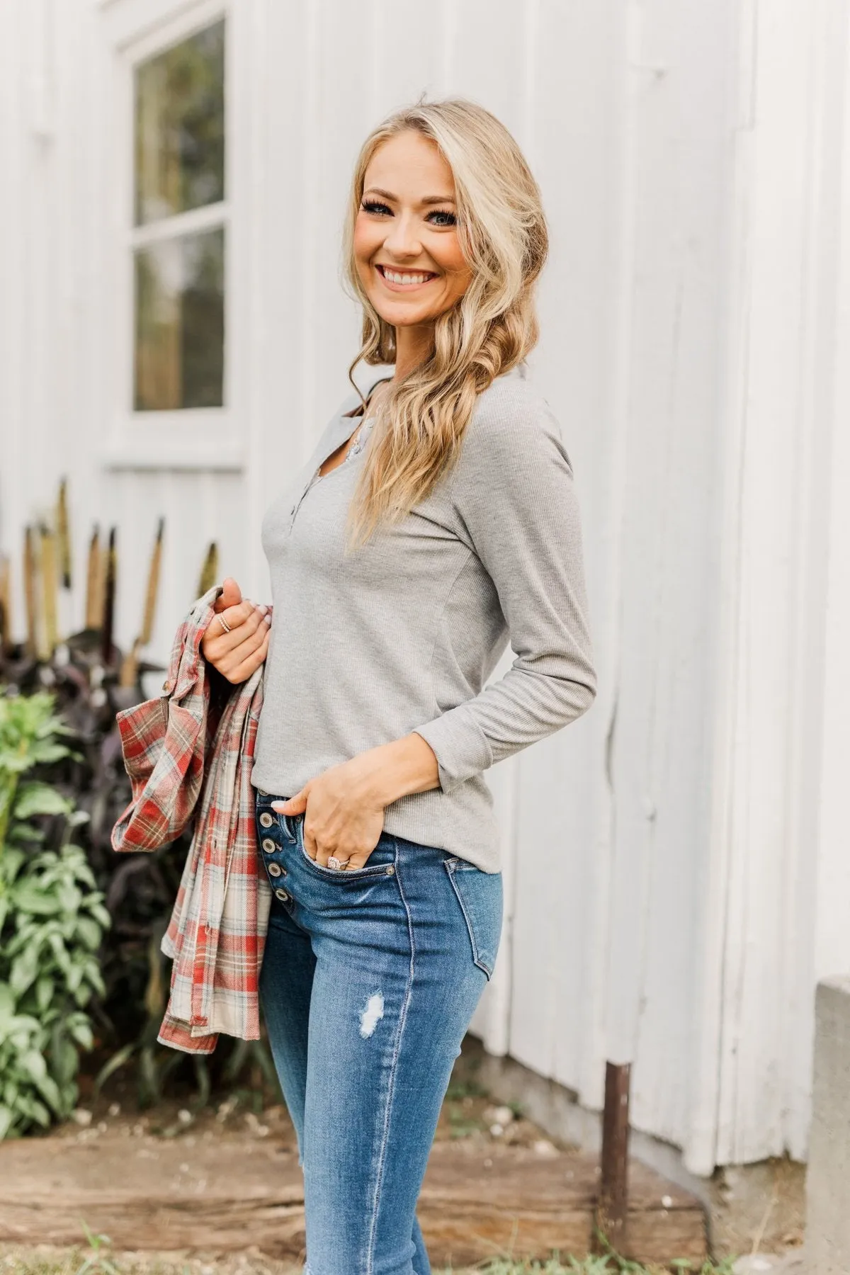 Rise To The Top Long Sleeve Henley Top- Heather Gray