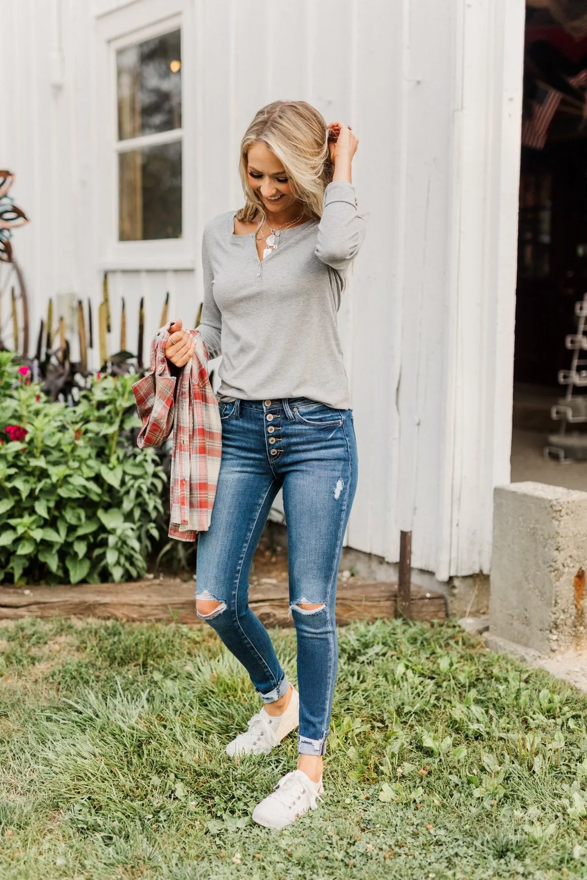 Rise To The Top Long Sleeve Henley Top- Heather Gray