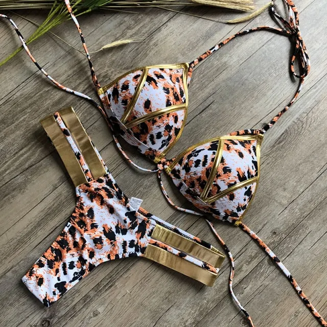 Sexy Bandage Brazilian Swimwear Leopard Print Push Up Bikini Set for Women