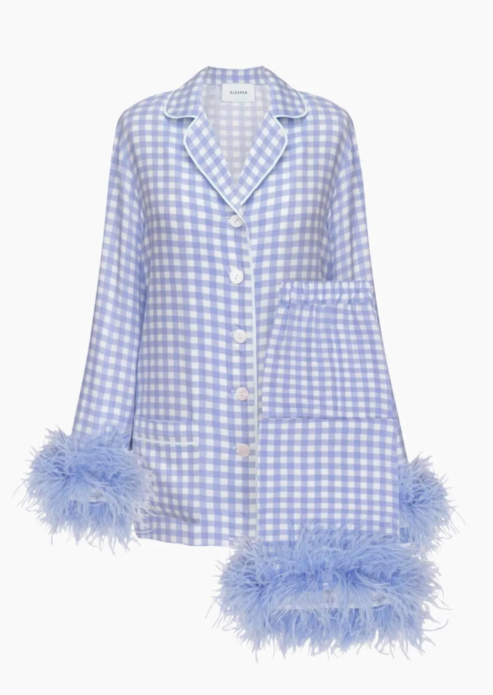 Sleeper Blue Vichy feather-trimmed Party Pajama Set