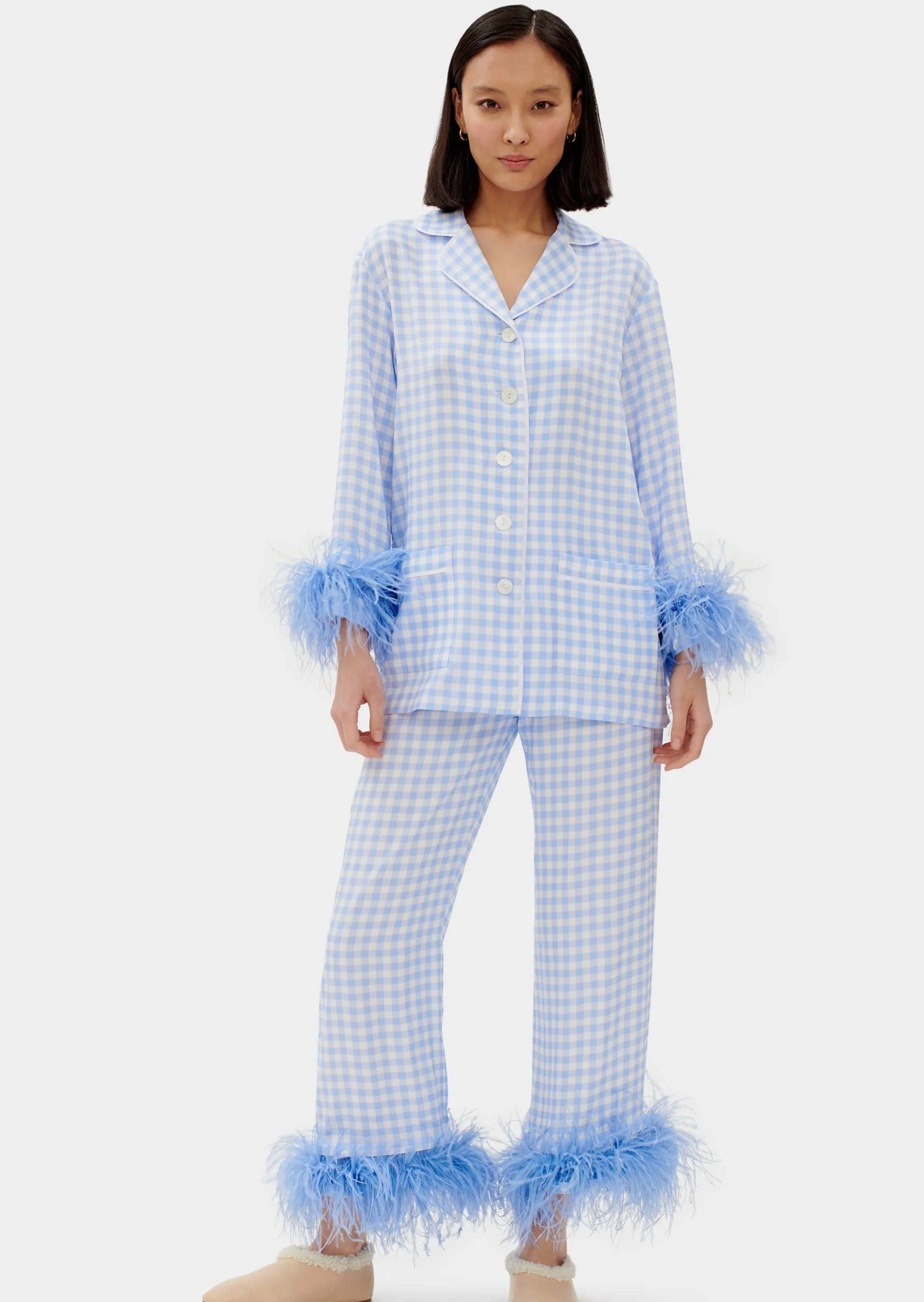 Sleeper Blue Vichy feather-trimmed Party Pajama Set