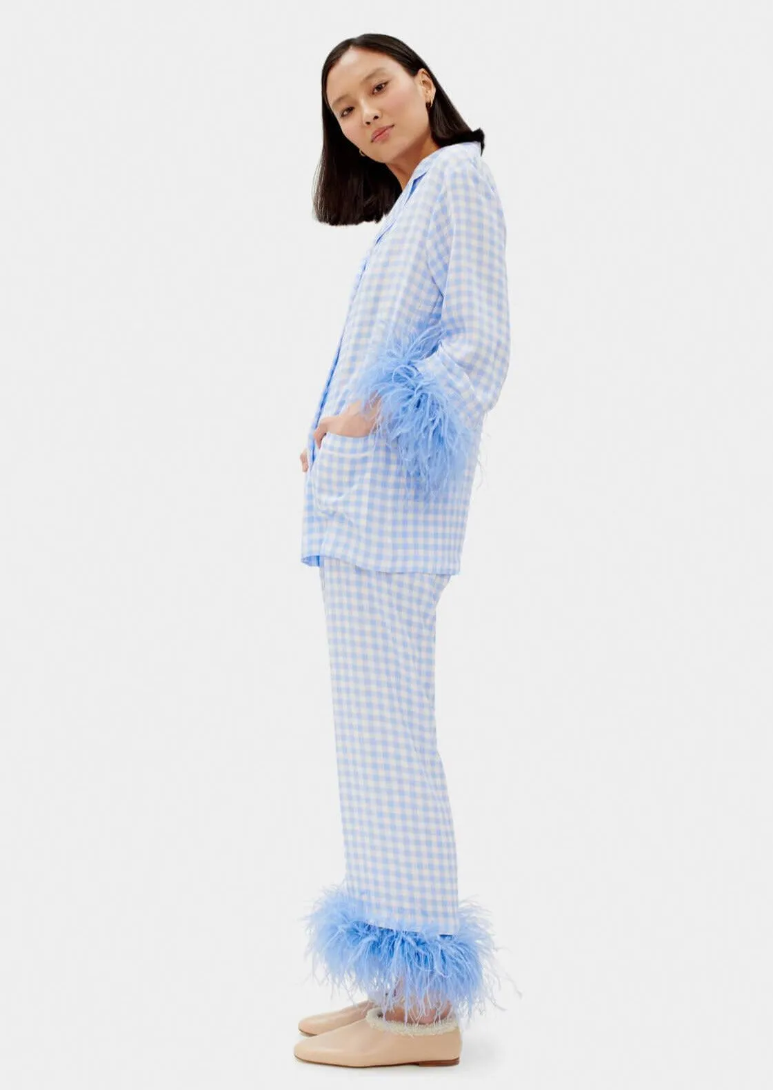 Sleeper Blue Vichy feather-trimmed Party Pajama Set