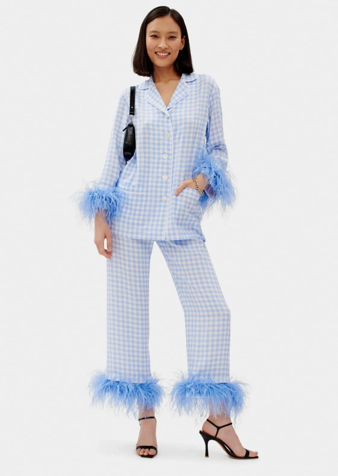 Sleeper Blue Vichy feather-trimmed Party Pajama Set