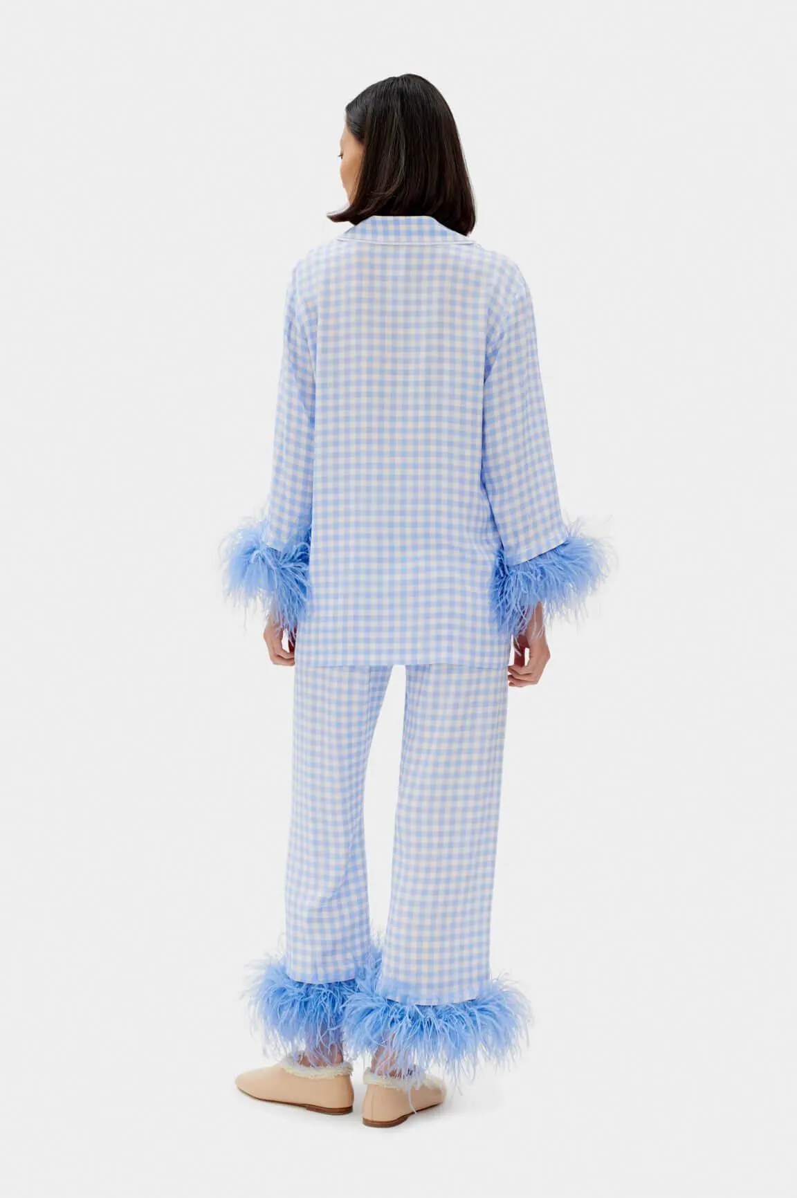 Sleeper Blue Vichy feather-trimmed Party Pajama Set