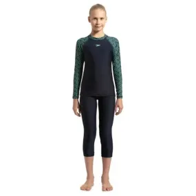 Speedo Girl's Boomstar Long Sleeve Suntop (True Navy/Green Glow)