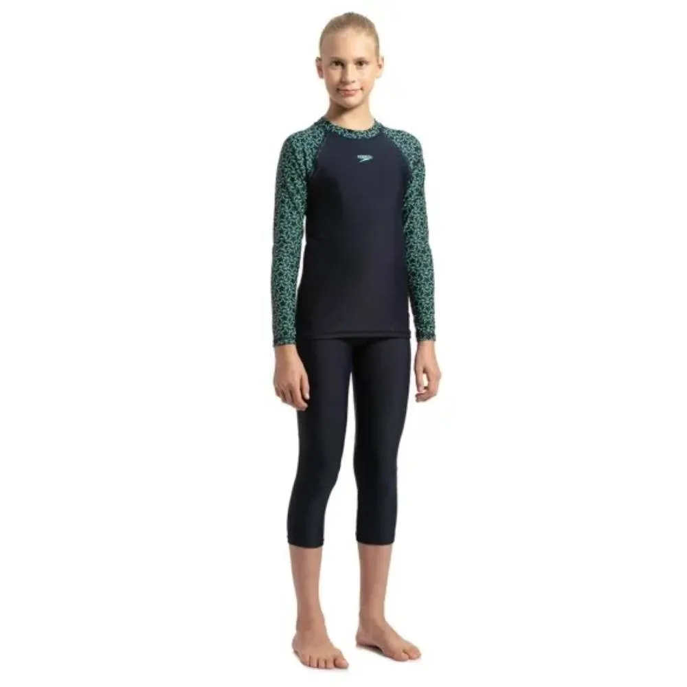 Speedo Girl's Boomstar Long Sleeve Suntop (True Navy/Green Glow)