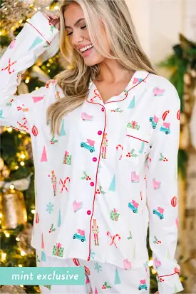 Staying In White Holiday Print L/S Pajama Set