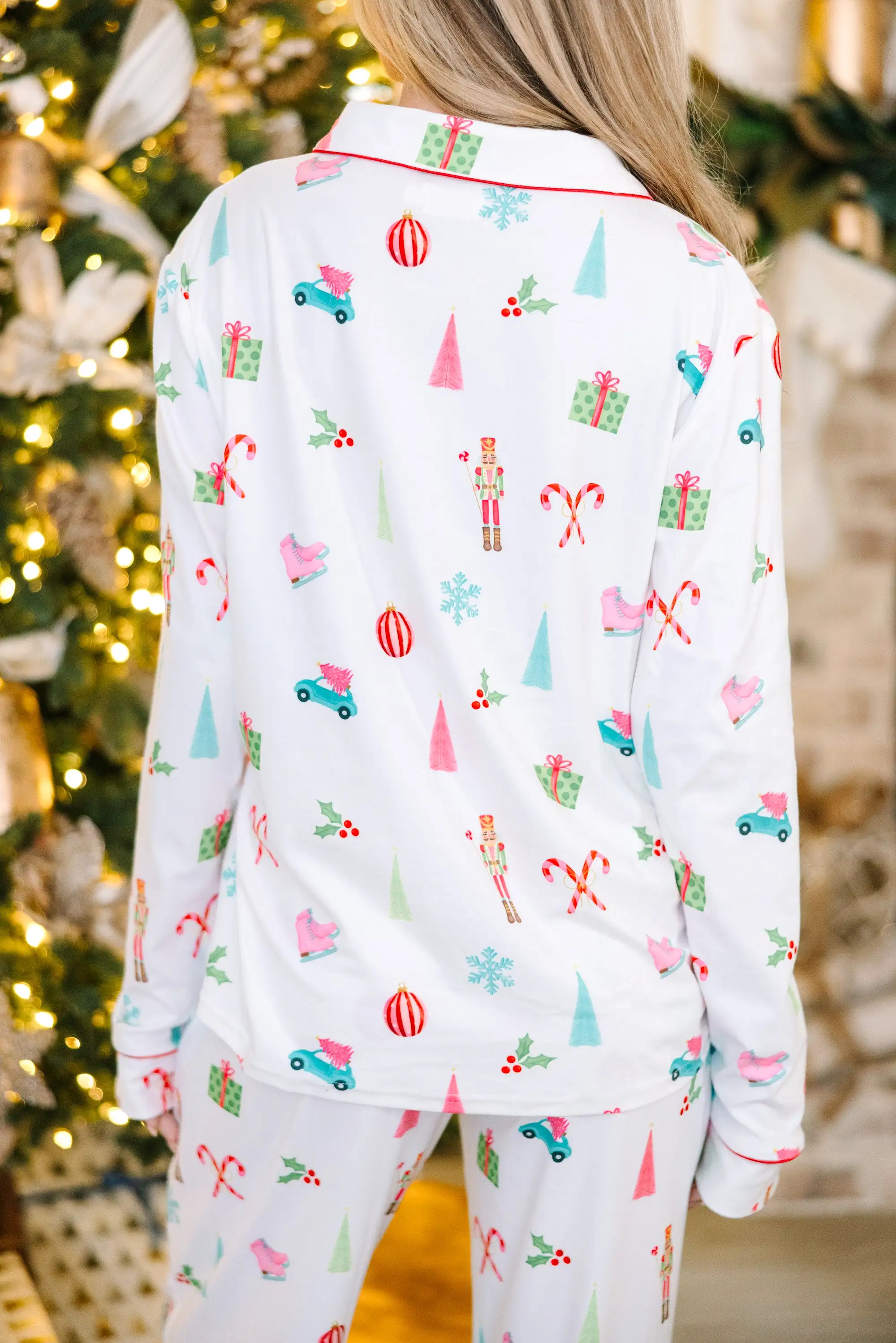 Staying In White Holiday Print L/S Pajama Set