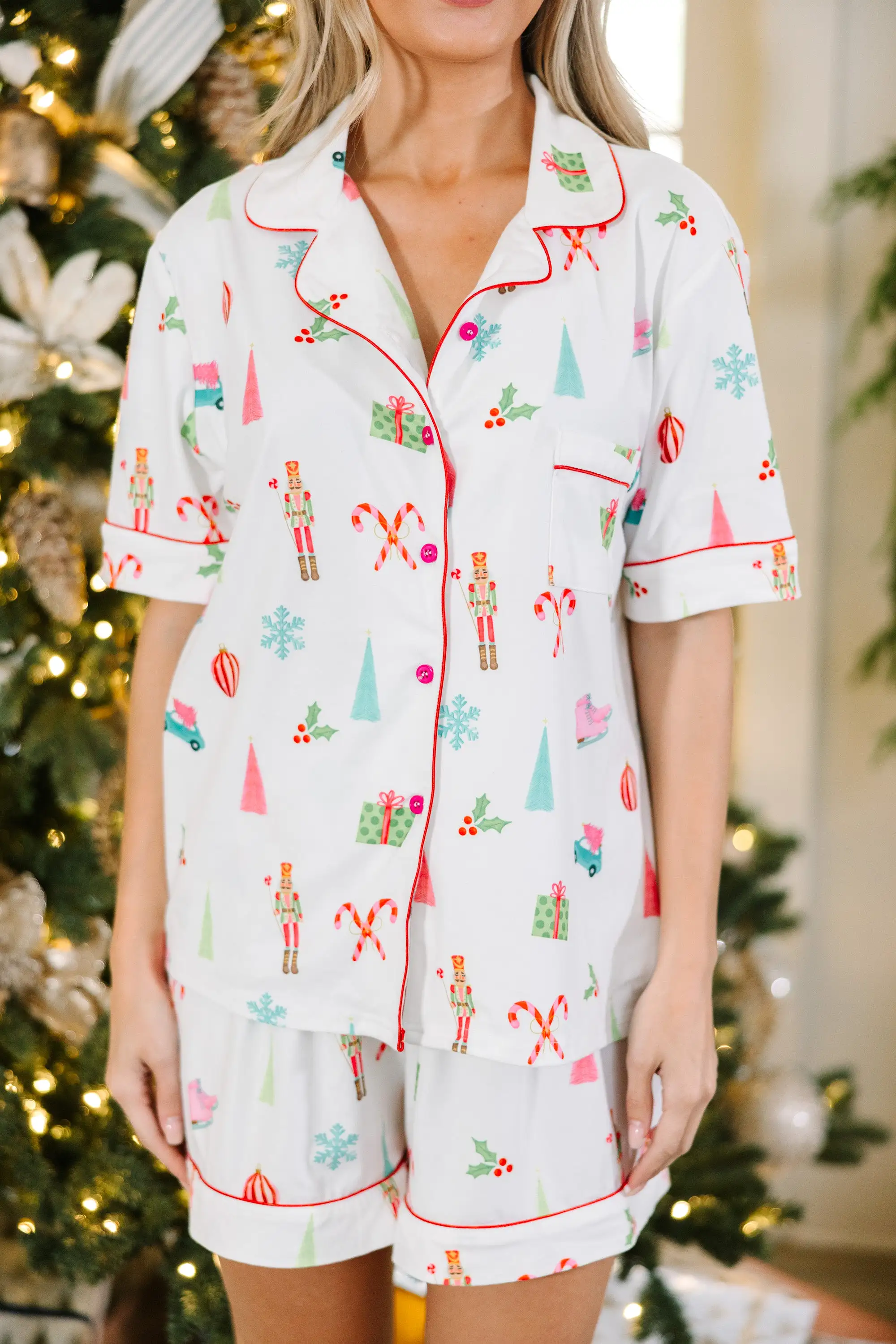 Staying In White Holiday Print S/S Pajama Set