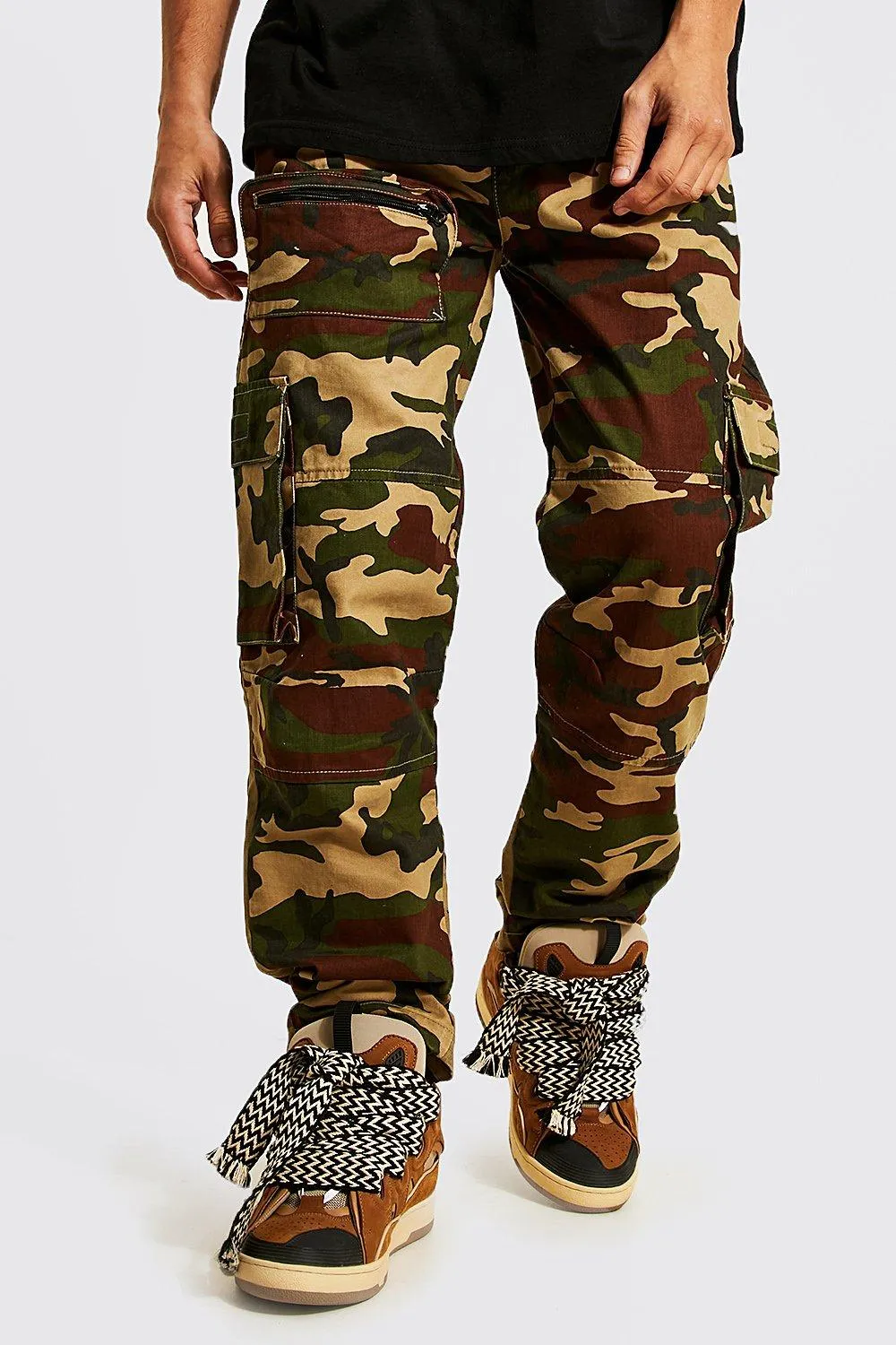 Straight Leg Panel Detail Camo Cargo Trousers