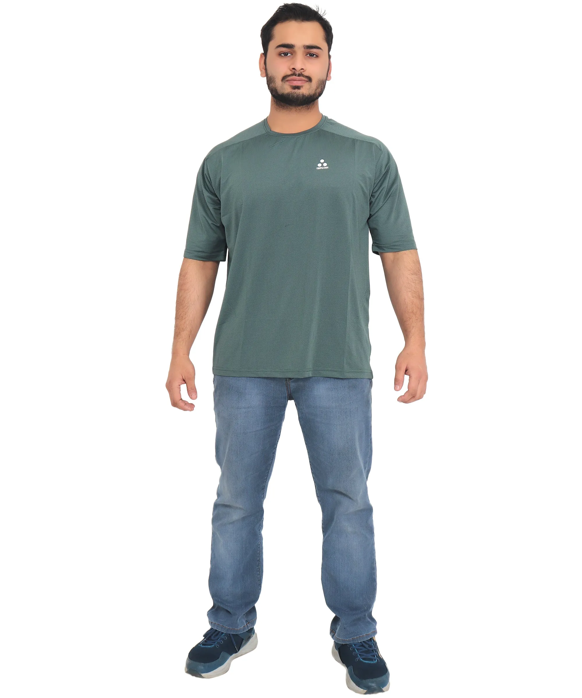 Triple Dot Green Dri Fit Polyester Drop Shoulder Sports T shirt for Men