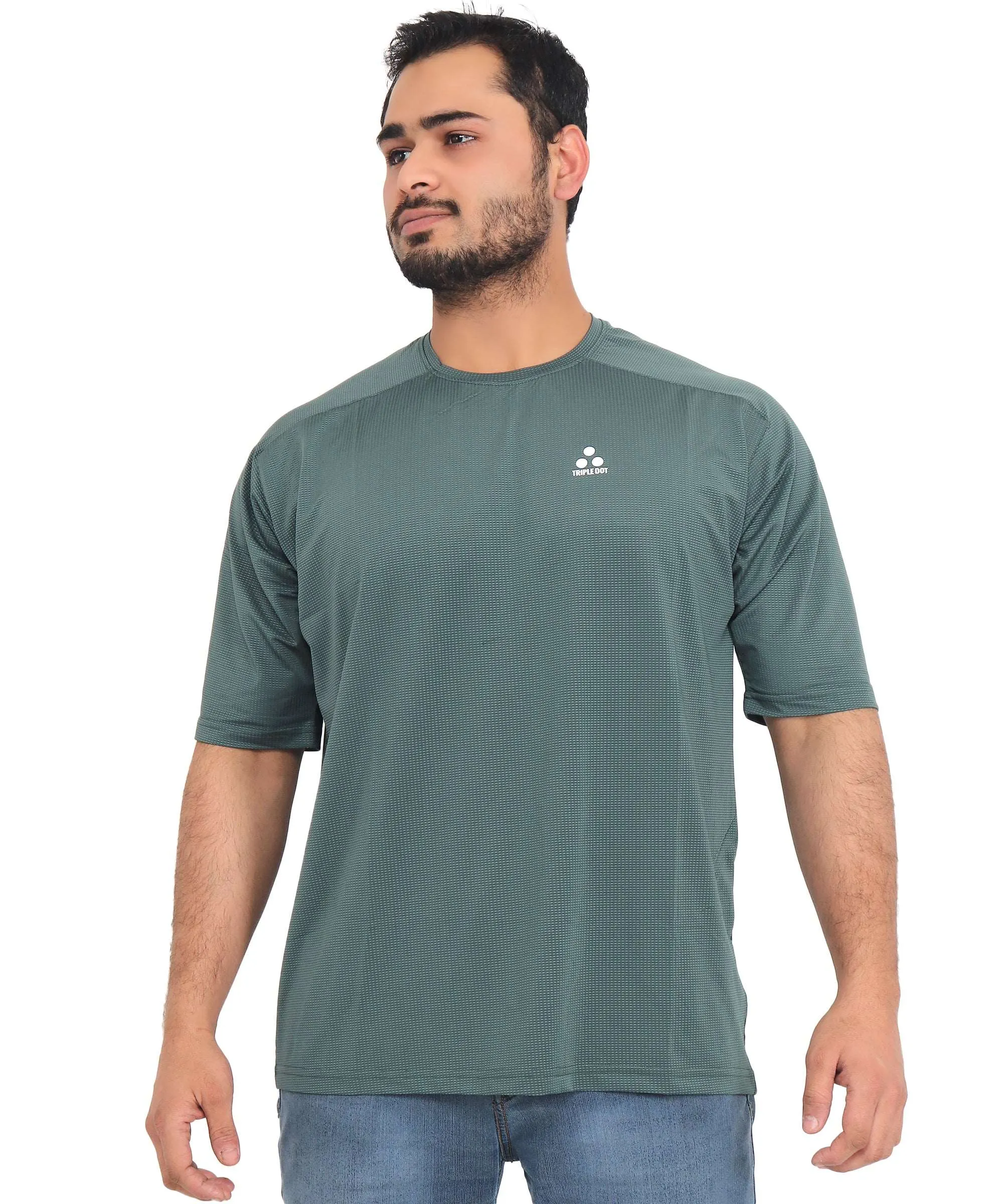 Triple Dot Green Dri Fit Polyester Drop Shoulder Sports T shirt for Men