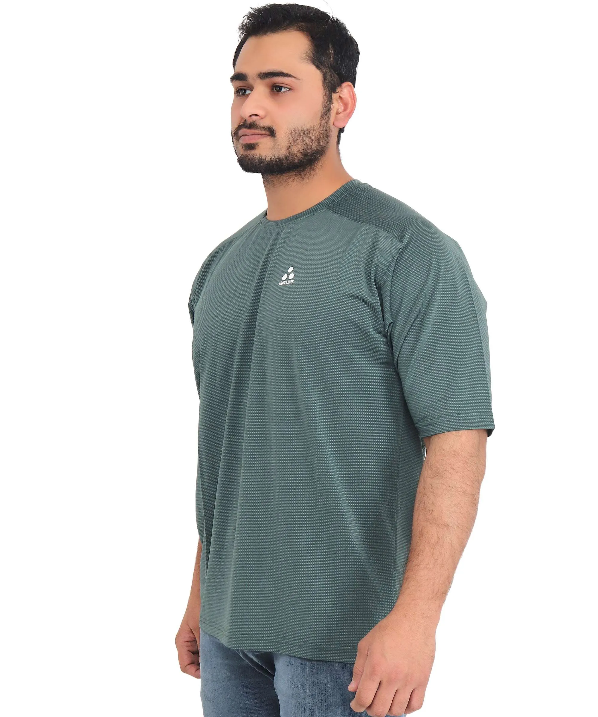 Triple Dot Green Dri Fit Polyester Drop Shoulder Sports T shirt for Men