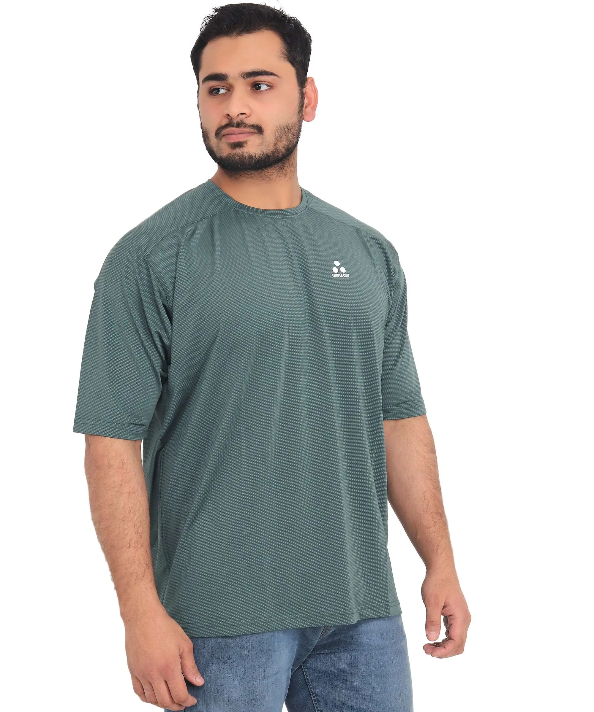 Triple Dot Green Dri Fit Polyester Drop Shoulder Sports T shirt for Men