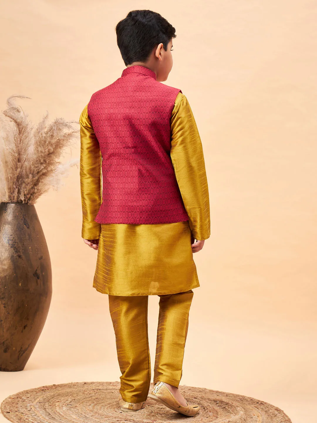 VASTRAMAY Boy's Maroon Woven Jacket With Mustard Kurta and Pyjama Set