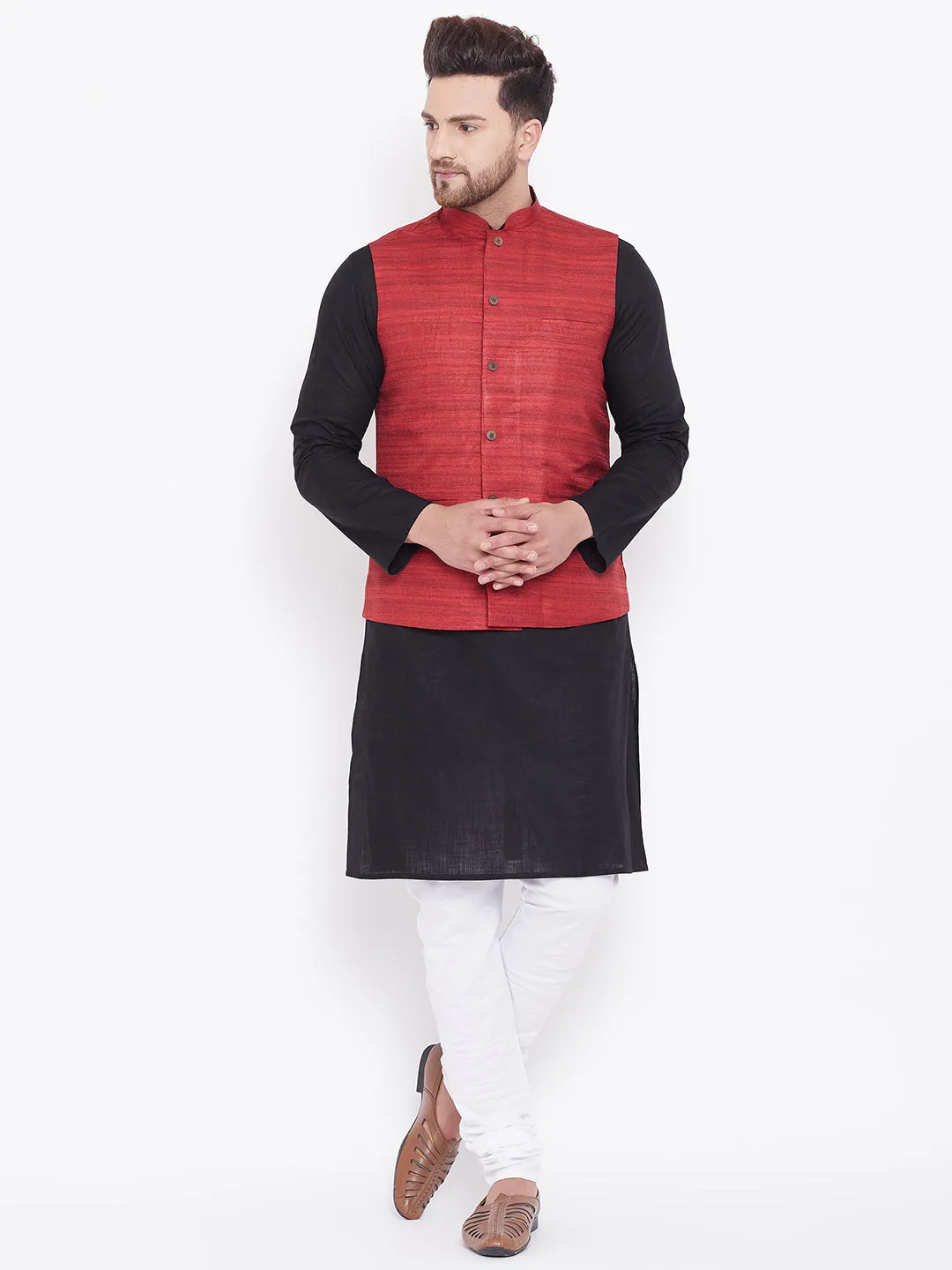 VASTRAMAY Men's Maroon, Black And White Cotton Blend Jacket, Kurta and Pyjama Set