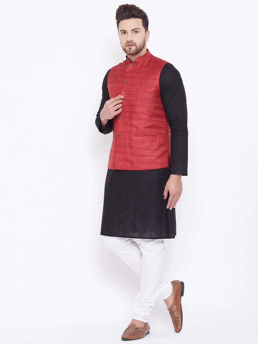 VASTRAMAY Men's Maroon, Black And White Cotton Blend Jacket, Kurta and Pyjama Set