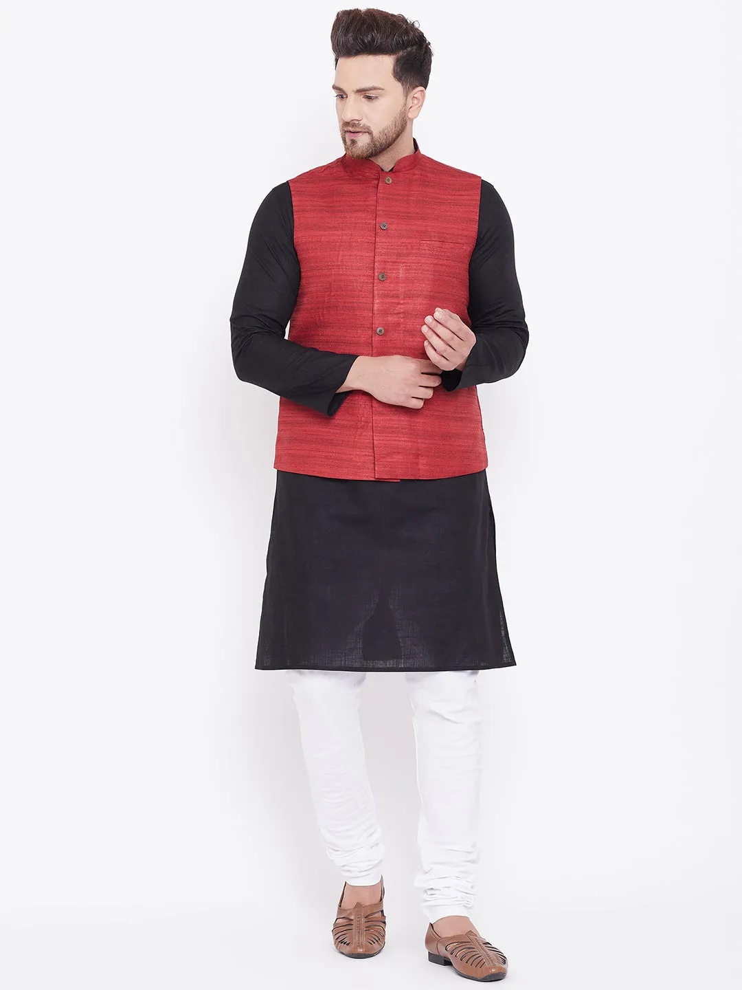 VASTRAMAY Men's Maroon, Black And White Cotton Blend Jacket, Kurta and Pyjama Set