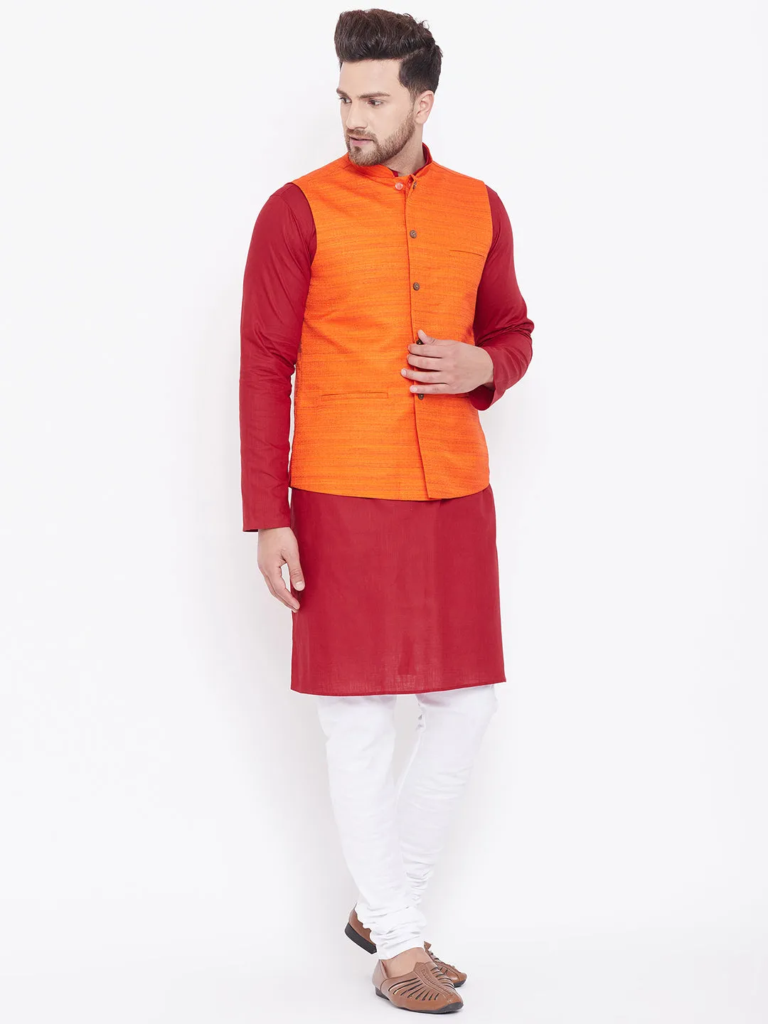 VASTRAMAY Men's Orange, Maroon And White Cotton Blend Jacket, Kurta and Pyjama Set