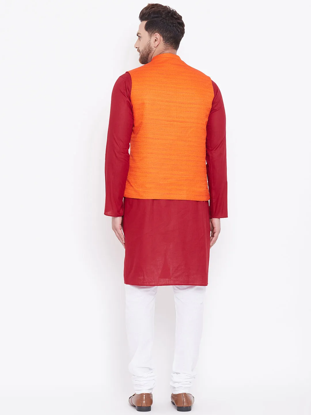 VASTRAMAY Men's Orange, Maroon And White Cotton Blend Jacket, Kurta and Pyjama Set