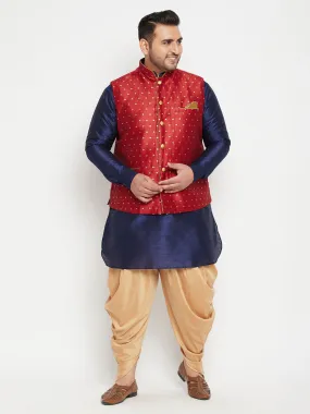 VASTRAMAY Men's Plus Size Maroon Zari Weaved Nehru Jacket With Curved Kurta Dhoti set