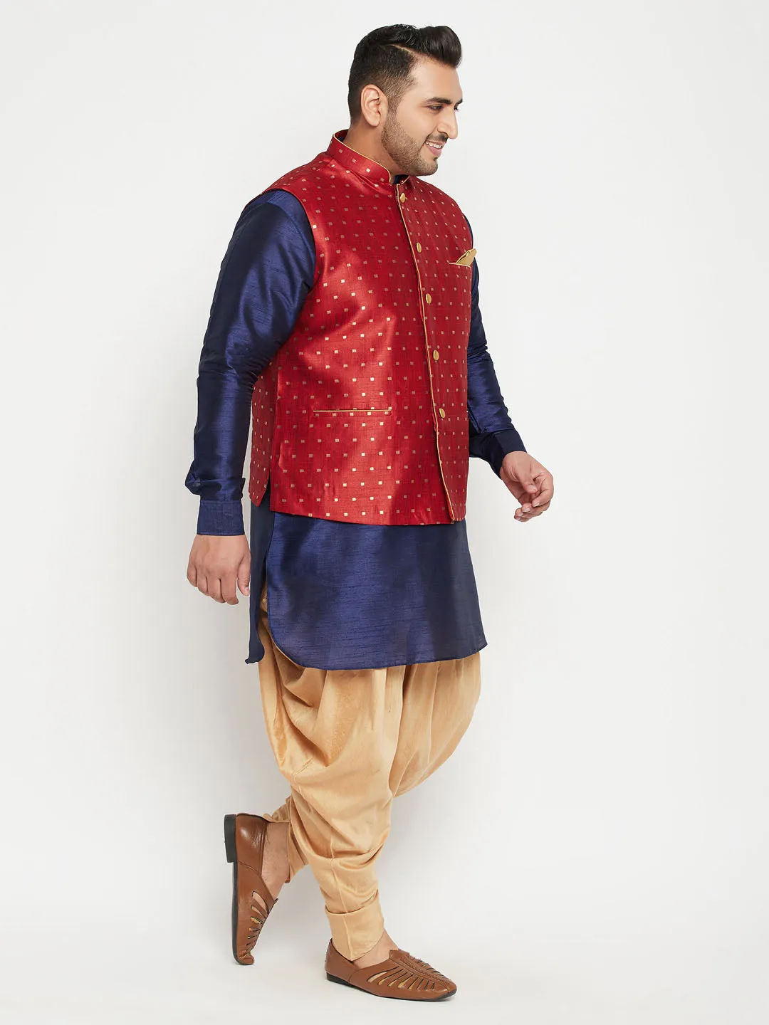 VASTRAMAY Men's Plus Size Maroon Zari Weaved Nehru Jacket With Curved Kurta Dhoti set