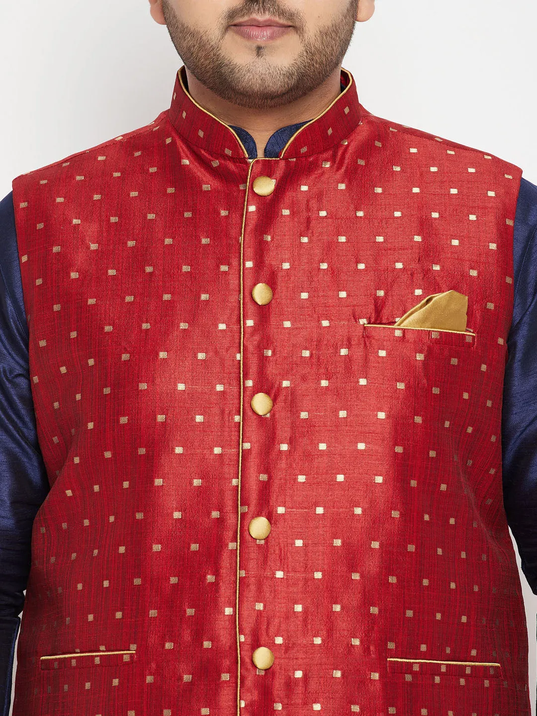 VASTRAMAY Men's Plus Size Maroon Zari Weaved Nehru Jacket With Curved Kurta Dhoti set