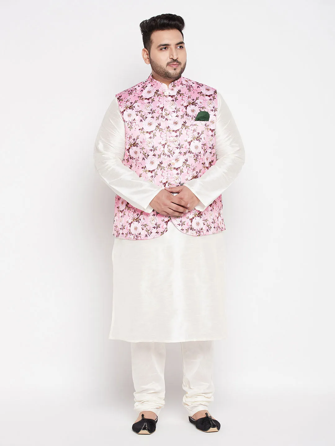 VASTRAMAY Men's Plus Size Pink Floral printed Jacket With Cream Solid Kurta Pyjama Set