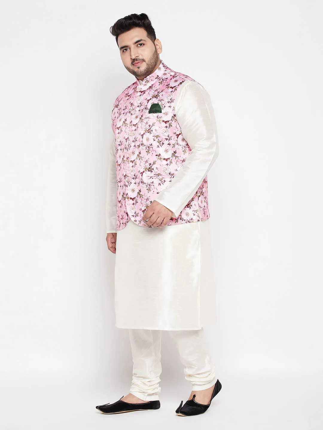 VASTRAMAY Men's Plus Size Pink Floral printed Jacket With Cream Solid Kurta Pyjama Set