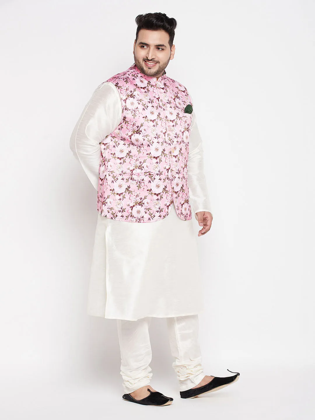 VASTRAMAY Men's Plus Size Pink Floral printed Jacket With Cream Solid Kurta Pyjama Set