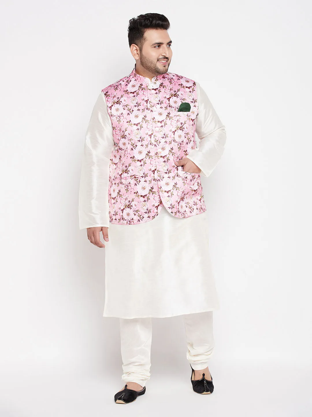 VASTRAMAY Men's Plus Size Pink Floral printed Jacket With Cream Solid Kurta Pyjama Set