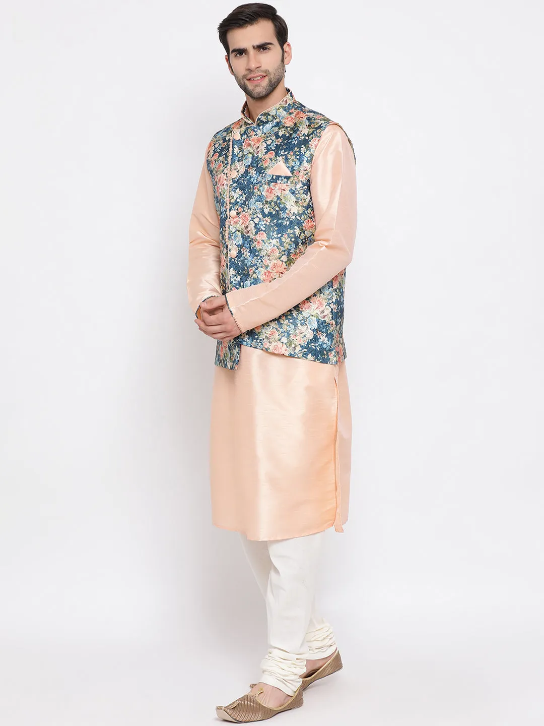 VASTRAMAY Peach Floral Jacquard Jacket With Silk Kurta and Pyjama Set