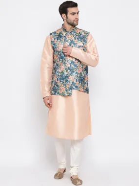 VASTRAMAY Peach Floral Jacquard Jacket With Silk Kurta and Pyjama Set