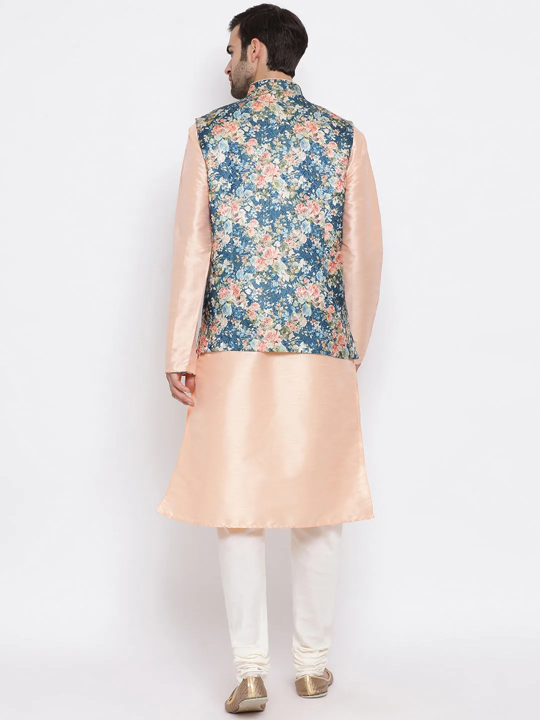 VASTRAMAY Peach Floral Jacquard Jacket With Silk Kurta and Pyjama Set