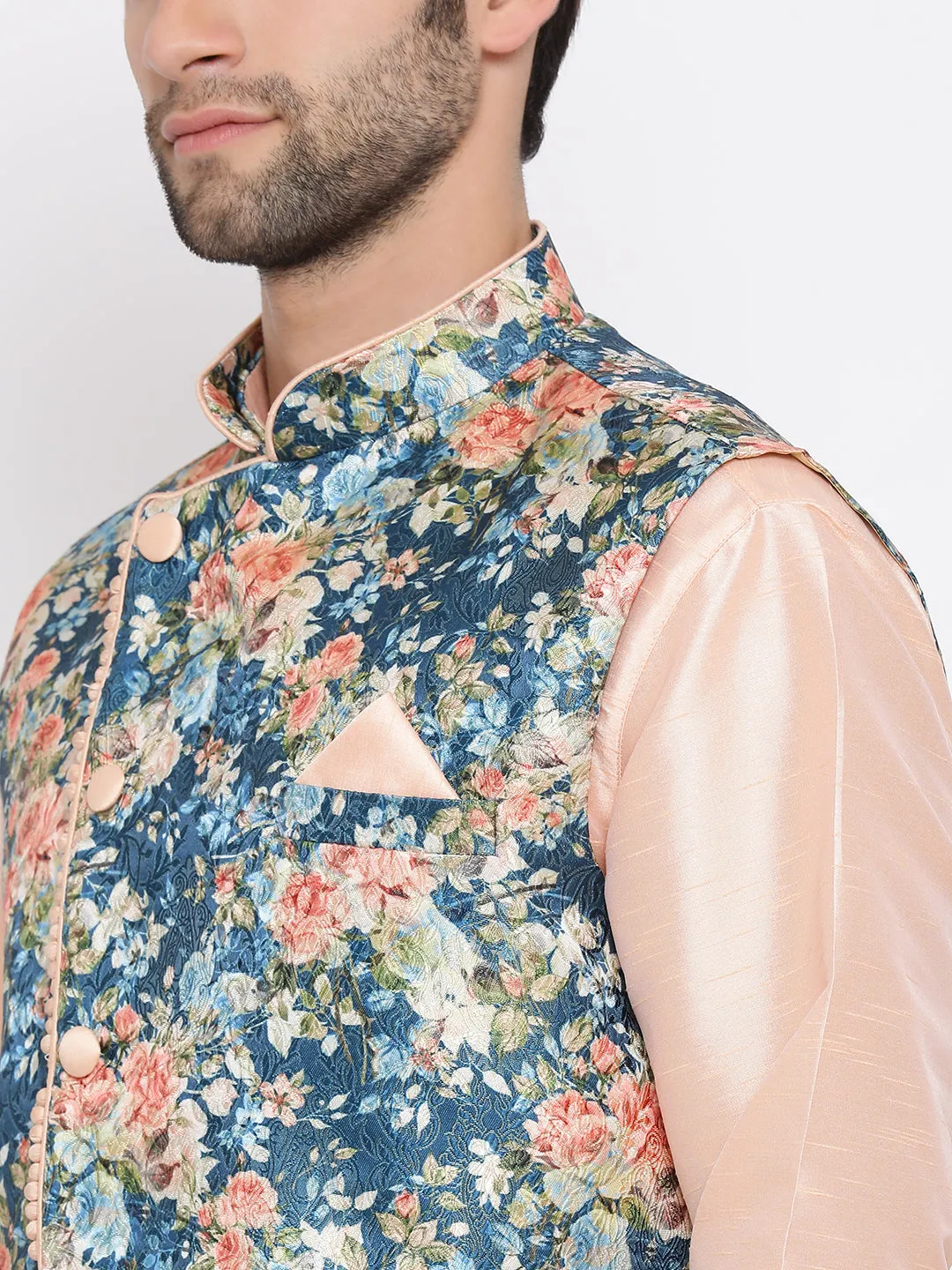 VASTRAMAY Peach Floral Jacquard Jacket With Silk Kurta and Pyjama Set