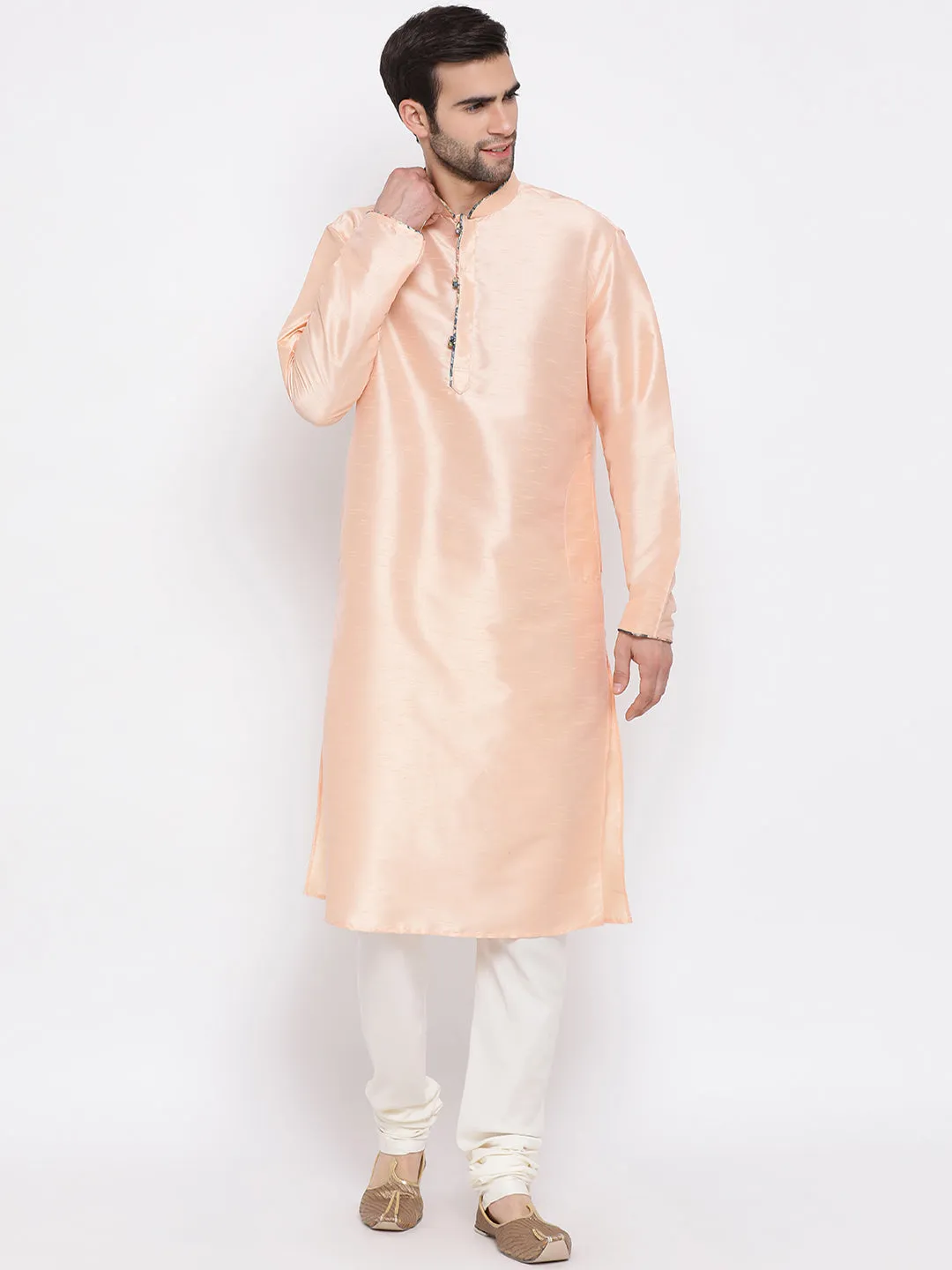 VASTRAMAY Peach Floral Jacquard Jacket With Silk Kurta and Pyjama Set