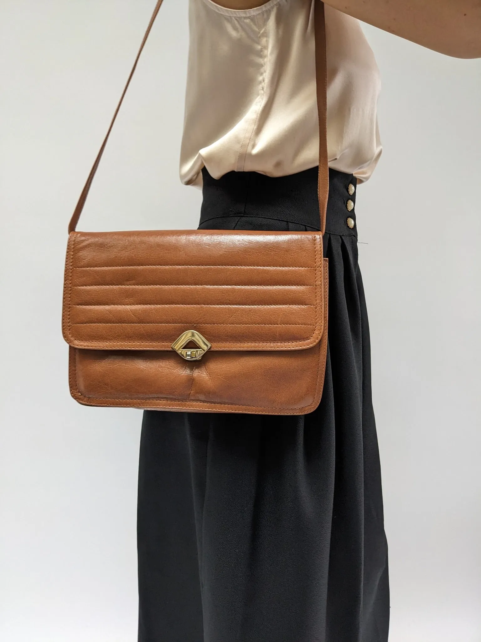 Vintage Cognac Italian Vegan  Leather Shoulder Bag